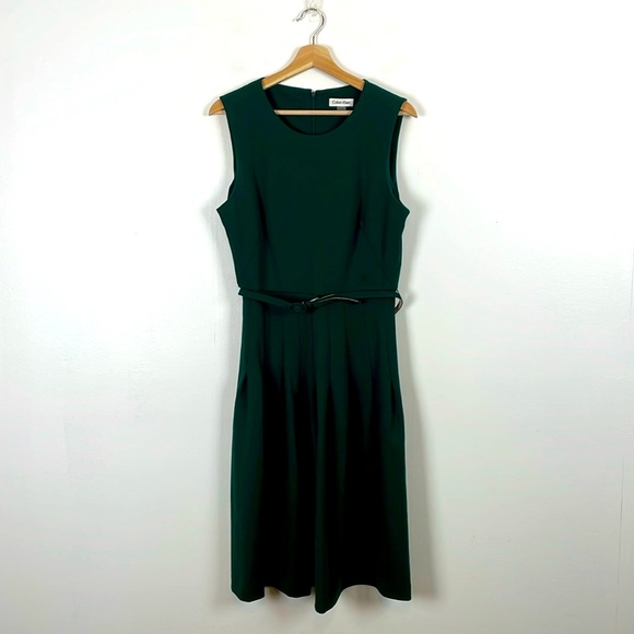 Calvin Klein Sleeveless Pleated Womens 10 Zip Back Belted Green Fit Flare Dress - Picture 1 of 9